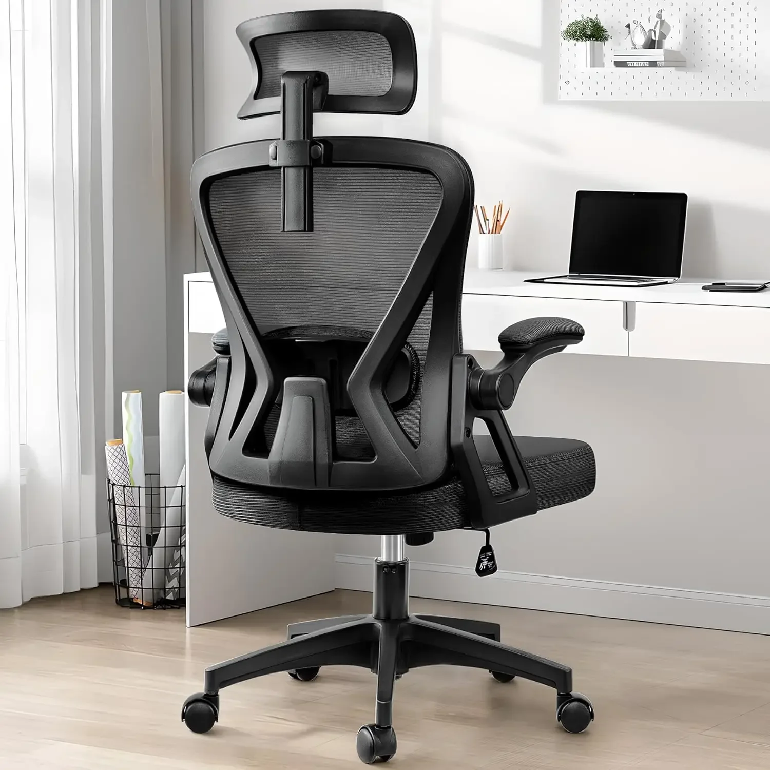 

Mesh Chair with Flip-up Armrests, Comfy Desk Chair with Lumbar Support, Rolling Swivel Task Computer Chair for Home Office