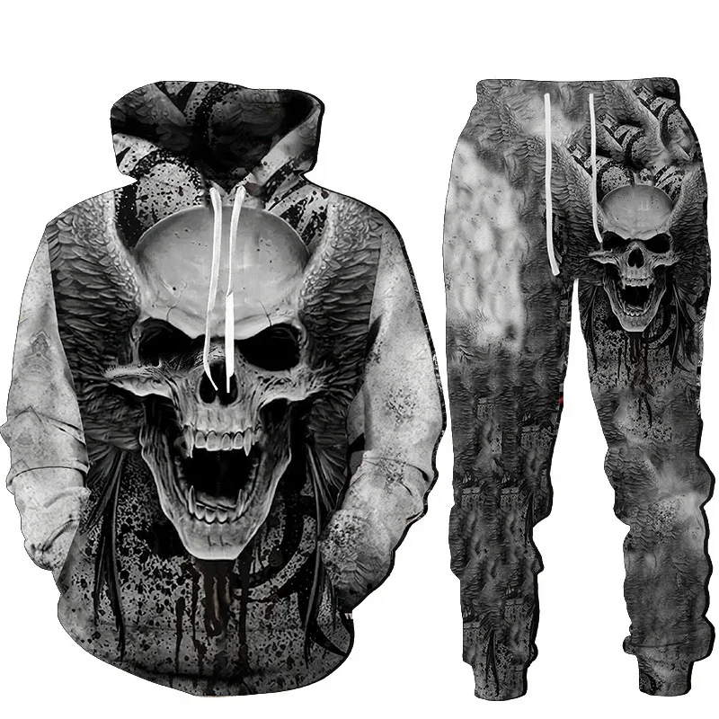 Men Punk Hoodie Suit Skull 3D Print Tracksuit/Pants Goth Skeletons Pullover Casual Streetwear Oversize Autumn Winter Hot-selling