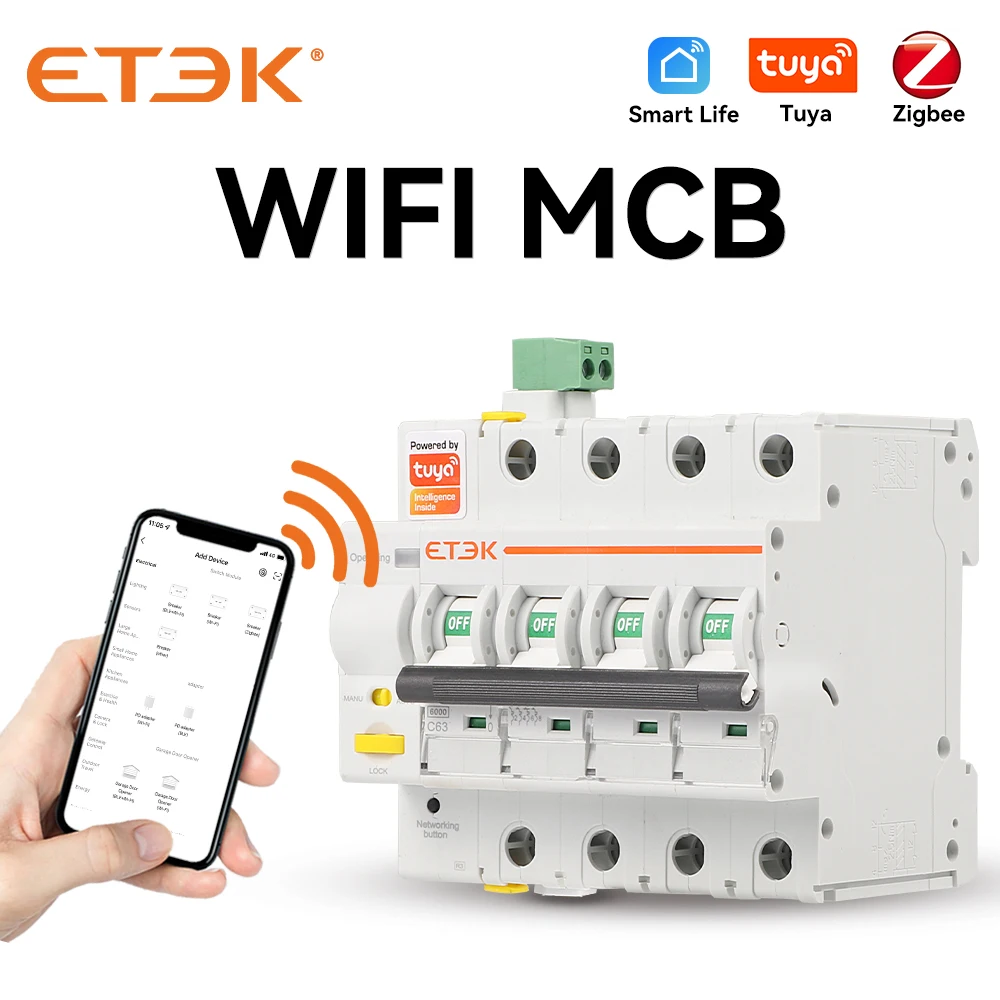 ETEK TUYA Smart MCB No Metering  2P 4P Circuit Breaker C Curve 16-63A WiFi Remote Control EKR3