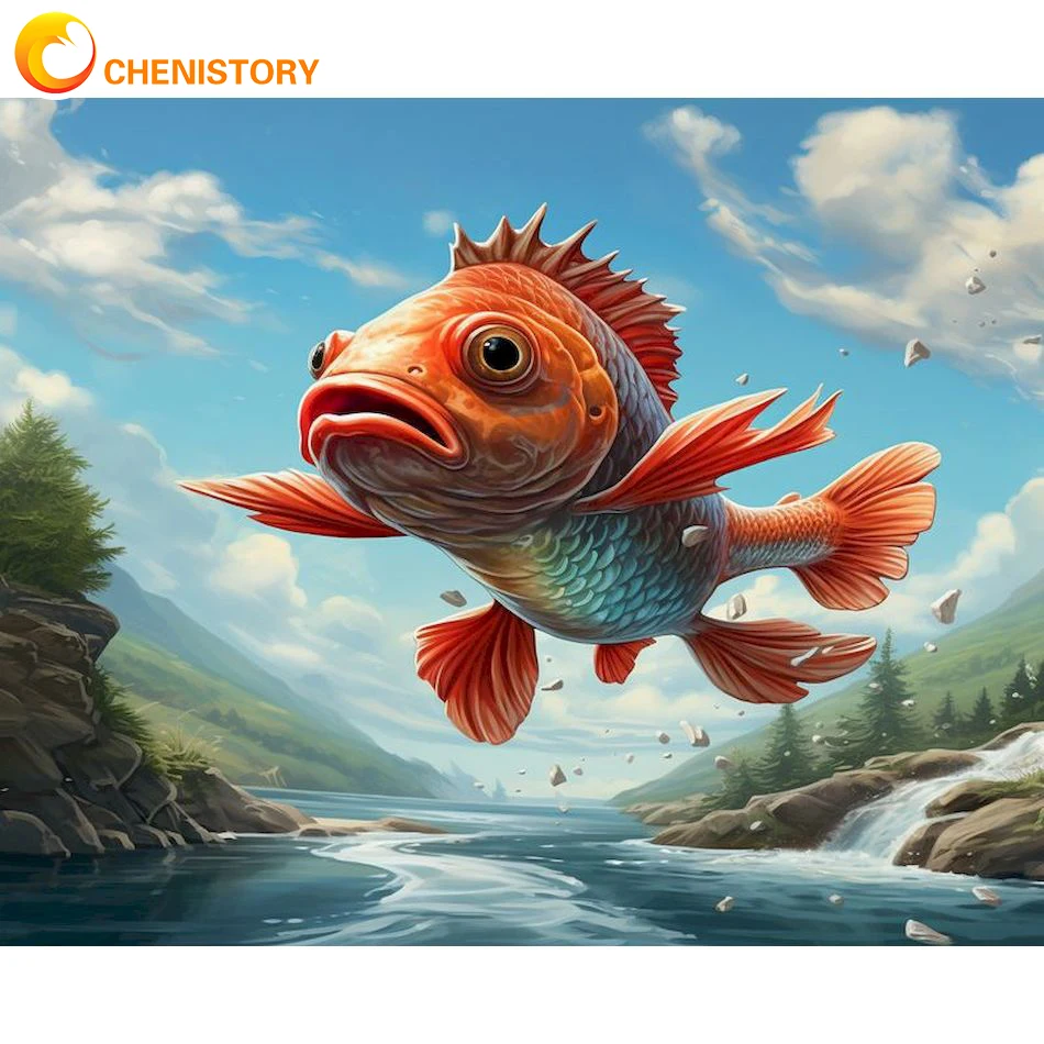 

CHENISTORY Diamond Embroidery Seaside Full Drill Round Diamond Painting New Arrival Landscape Fish Mosaic Cross Stitch Home Dec