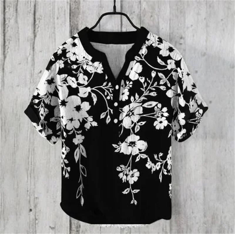 Camisa Henley vintage estampada em 3D estilo chinês masculina, camiseta de manga curta, tops casuais, roupas da moda, primavera, verão