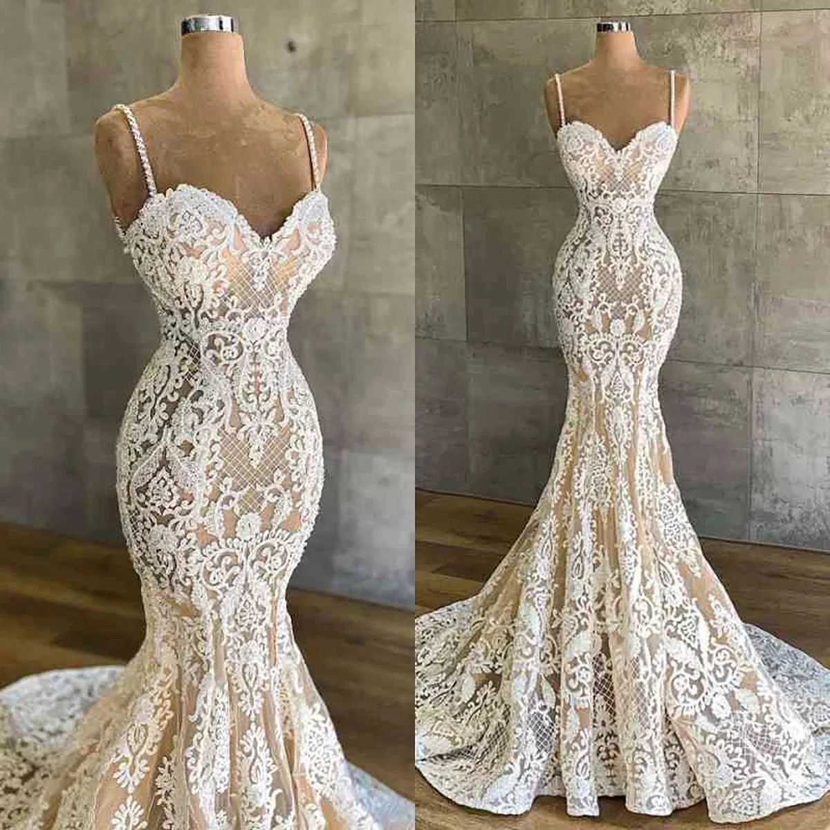 Luxury Mermaid Wedding Dresses Sexy Spaghetti Sweetheart Appliques Lace Bridal Gowns Custom Made Lace-Up Back Sweep Train Robes