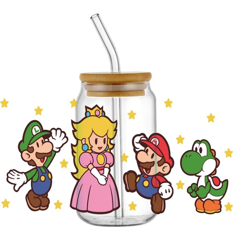 Miniso Encanador Dos Desenhos Animados Mario Series Envoltório Adesivo, UV, DTF Cup, DIY, Impermeável, Decalque para 160z Libbey Óculos