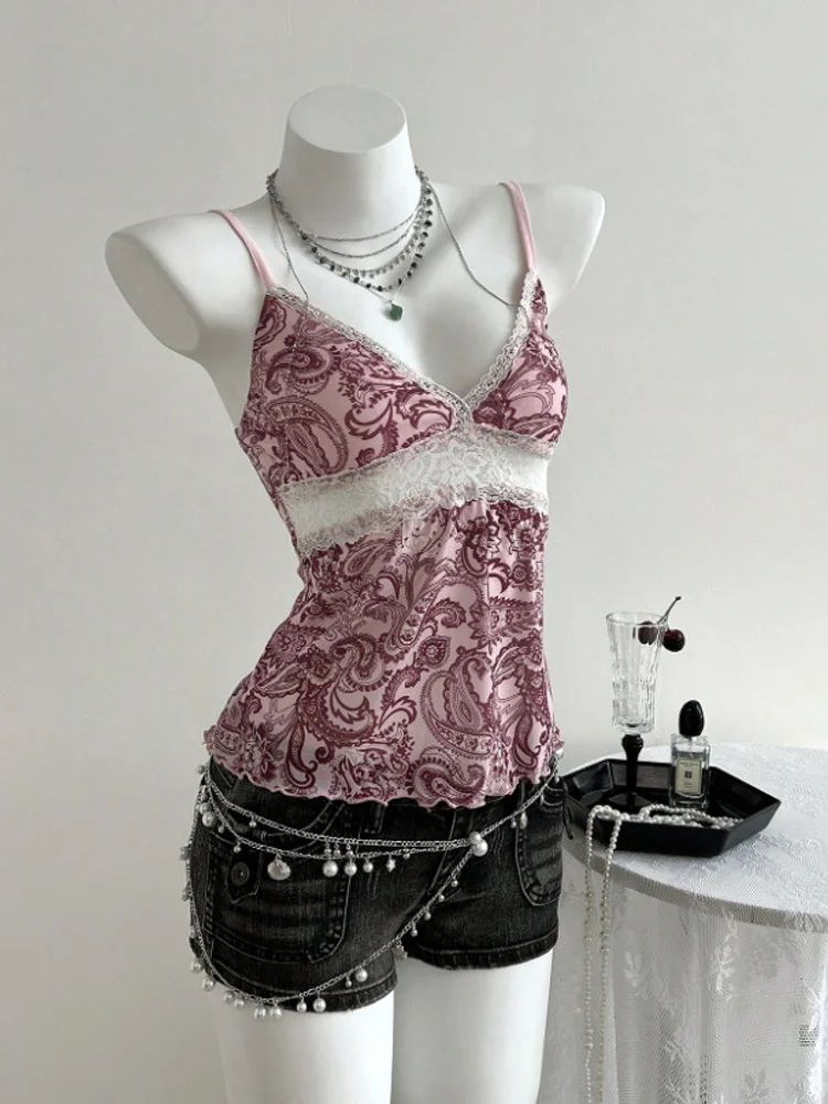 

New French style pure desire sexy hot girl Y2K aesthetic lace V-neck vest slimming and slimming date camisole women's top
