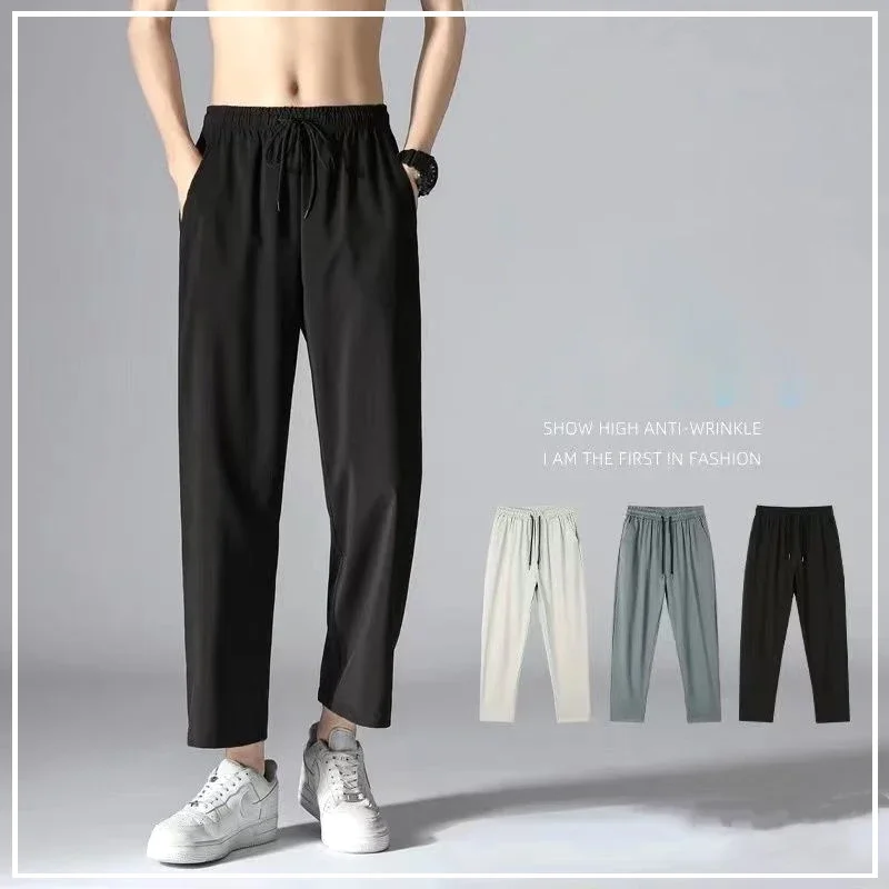 

Wide Legs Loose Fitting Comfort Straight Cylinder Leisure Appear Thin Ice Shreds Men's Cropped Pants Summer 2024