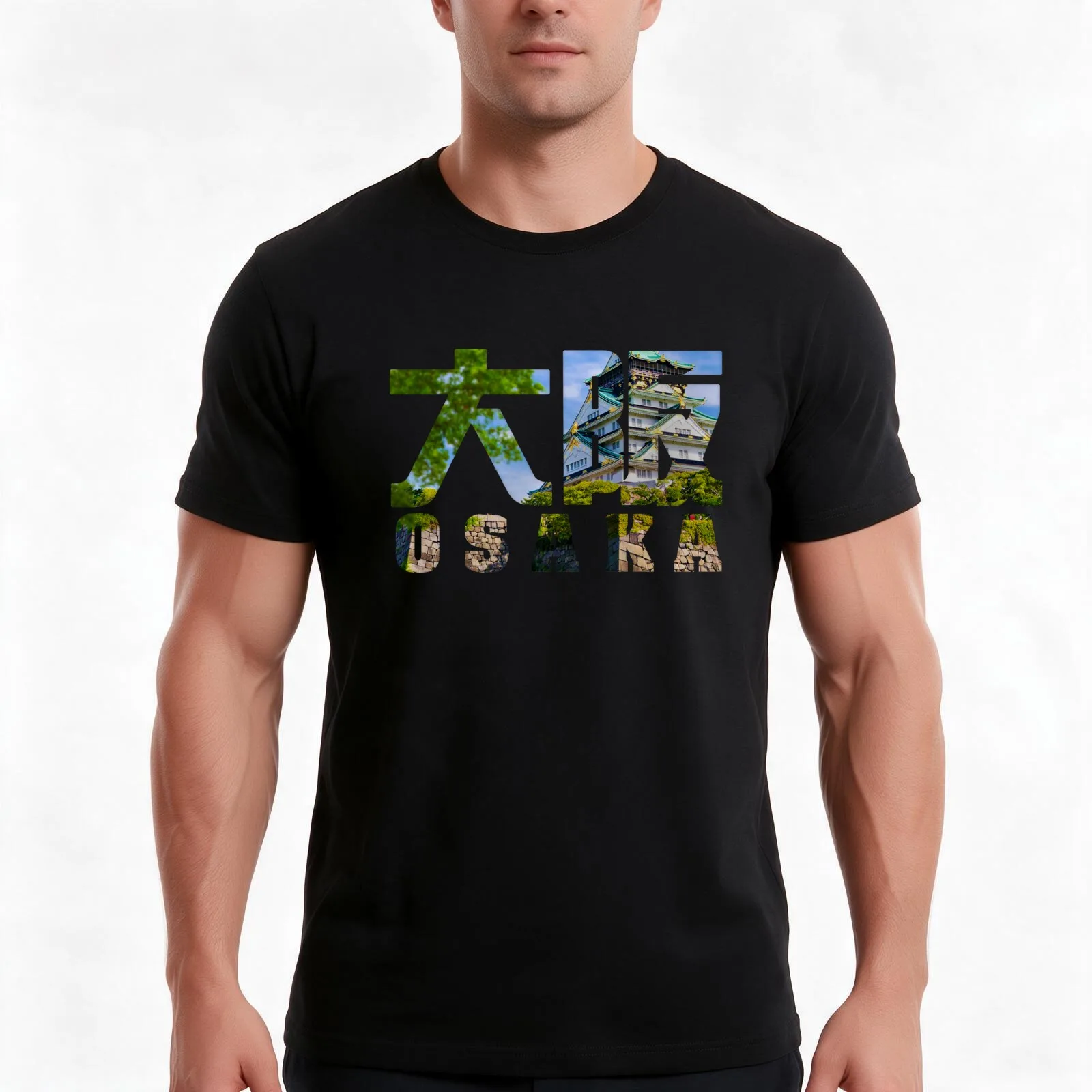 Osaka - Osaka Castle filled Text T-Shirt, Summer Casual Cotton Tee, Oversized Streetwear Tops, Vintage Graphic Print