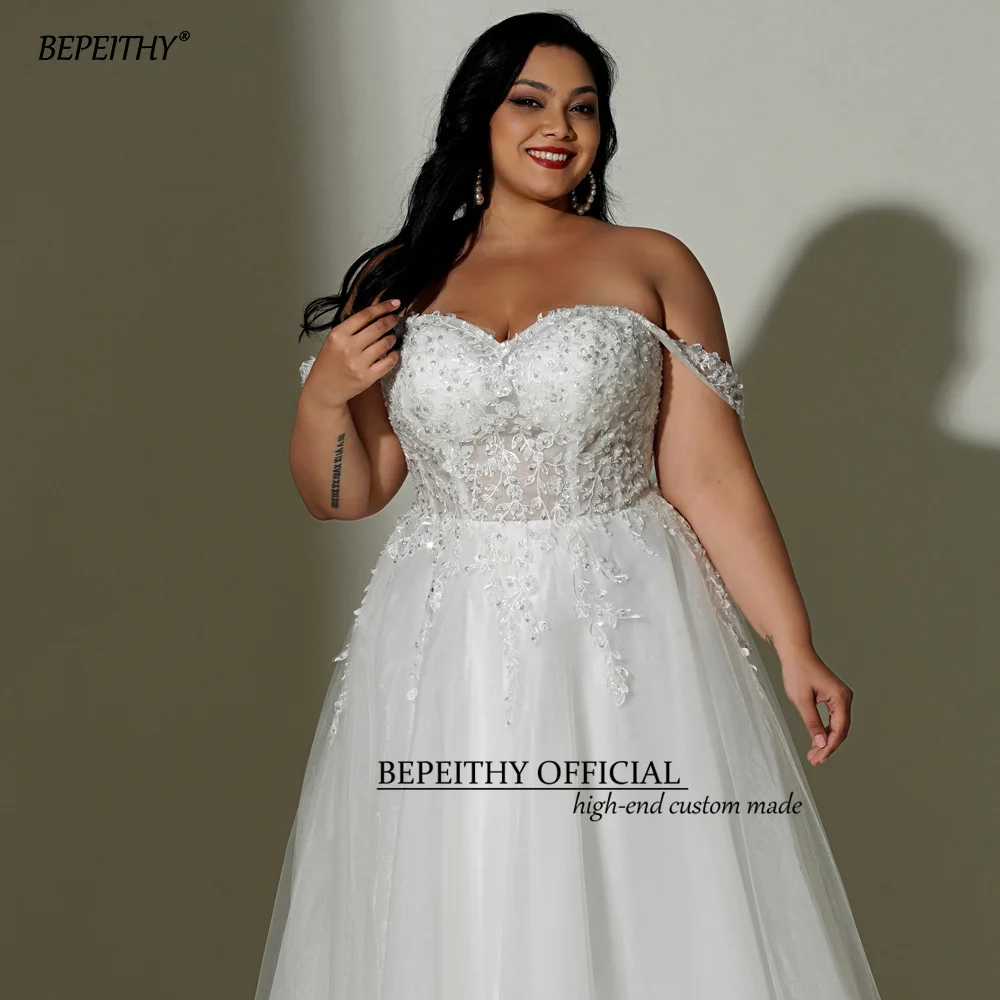 Bepeithy personalizado marfim plus size boho vestidos de casamento para 2024 mulheres noiva uma linha renda branca curva marfim vestido de noiva