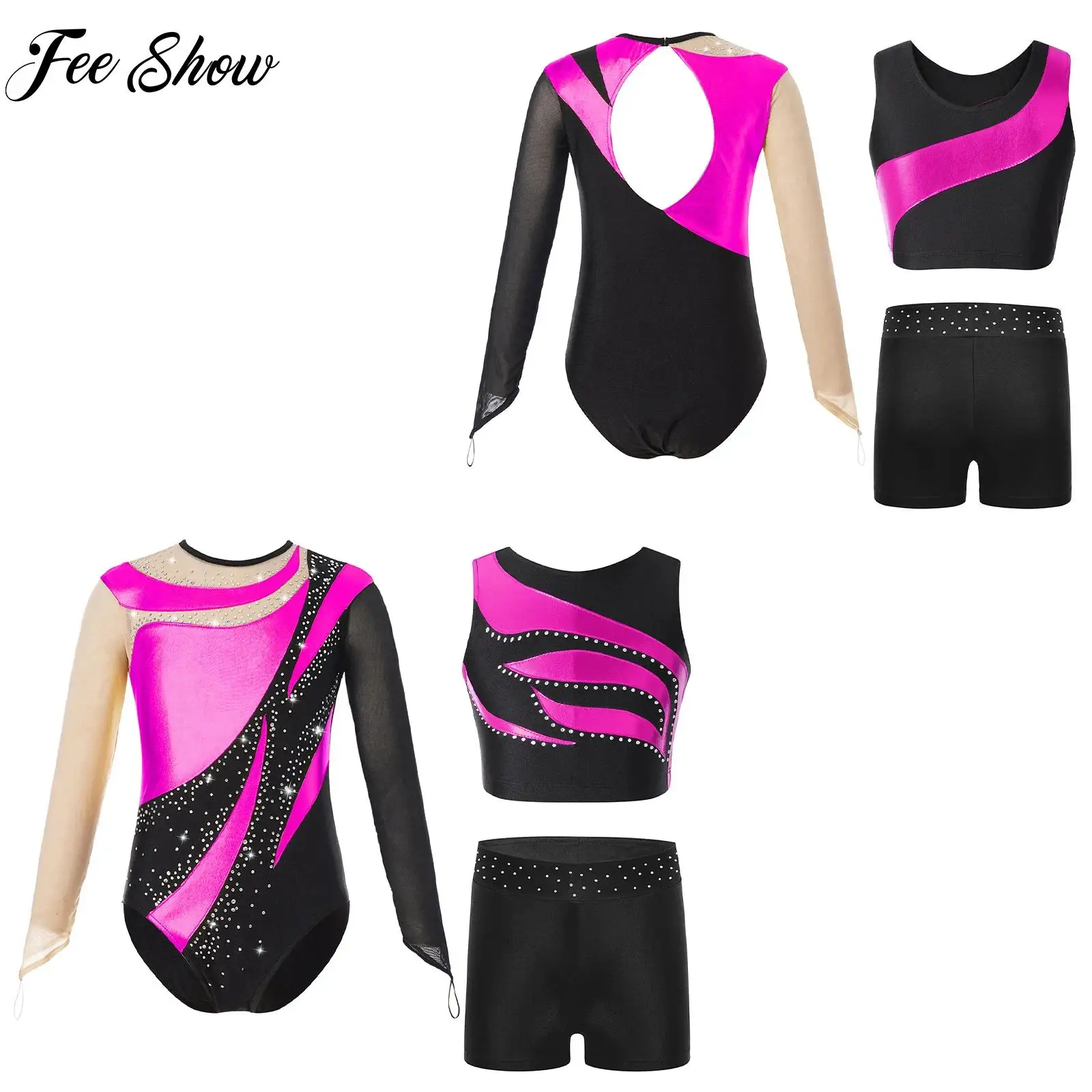 

New Girls Athletic Figure Skating Professional Ballet Dancing Outfit Kid Long Sleeve Gymnastics Leotard with Top And Shorts Suit