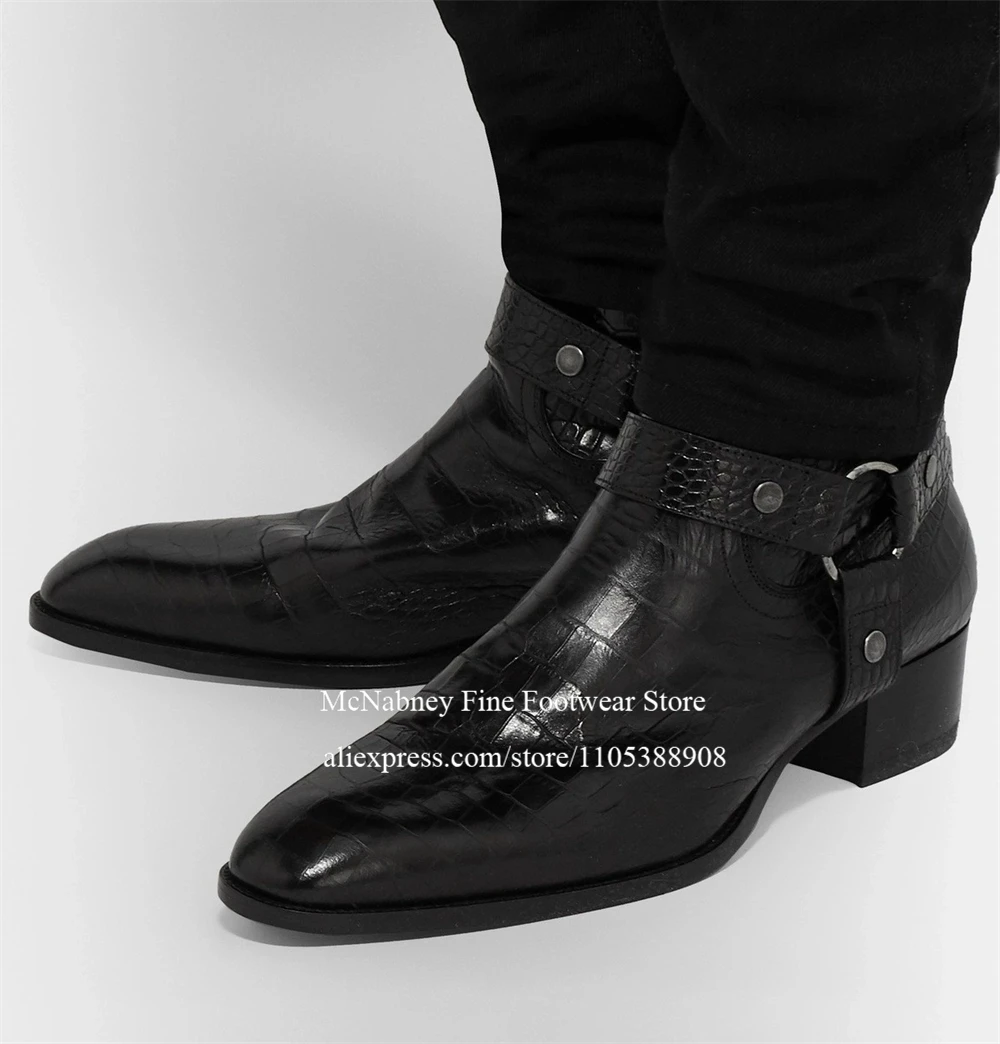 

Luxury Crocodile Print Leather Buckle Low Heel Men Ankle Boots Pointed Toe Birtish Style Formal Shoes Gentleman Style Shoes