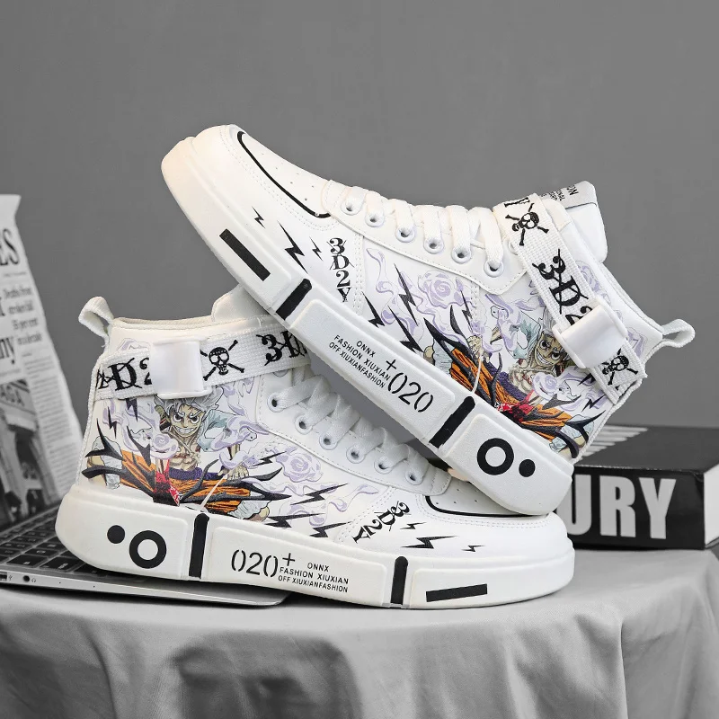 Fashion Cartoon Printed White Men's Sneakers High Top Couples Skateboard Shoes Designer Anime Shoes Women Sneakers 2024 Baskets