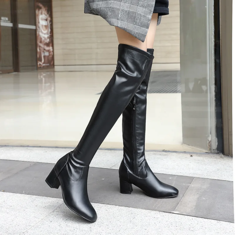 

Women's Fashion Over The Knee Boots Black White Winter Leather Boots 5.5cm Square Heel Sexy Side Zipper Shoes Woman Large Size