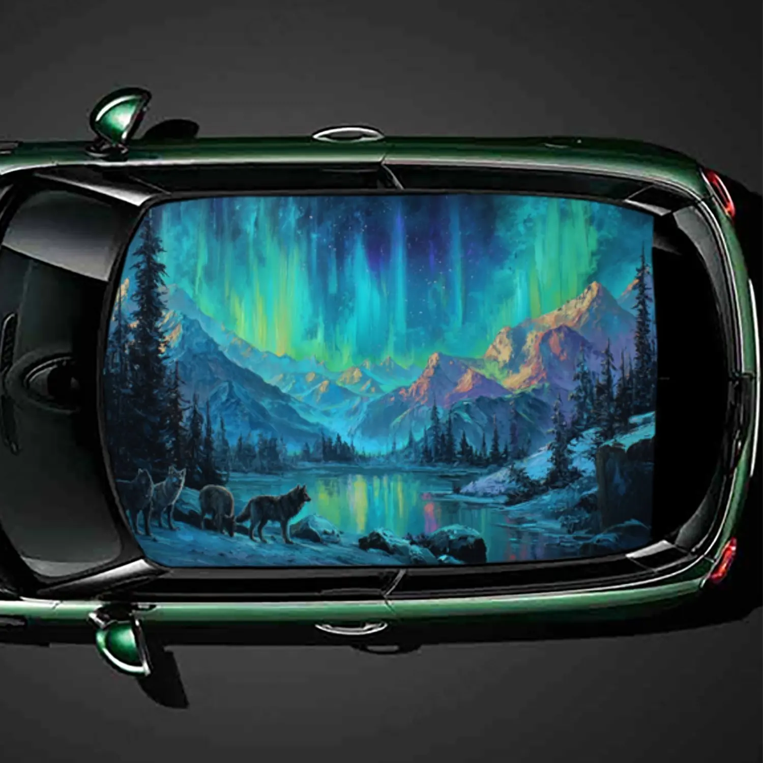 

Aurora Forest and Wolf Pack - Lakes Car Roof Sticker, Auto Vinyl Wraps Decal, Self-adhesive Waterproof Car Exterior Accessory, U
