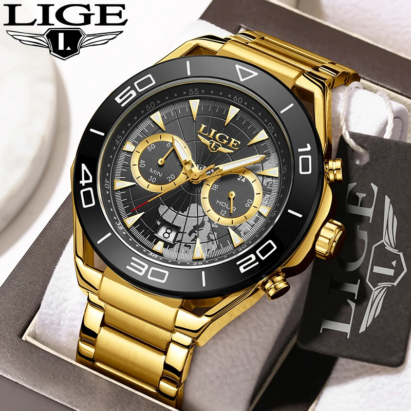 

LIGE Fashion Luxury Man Watch Gold Business 30M Waterproof Luminous Quartz Wristwatch for Men Casual Date Stainless Steel Clocks