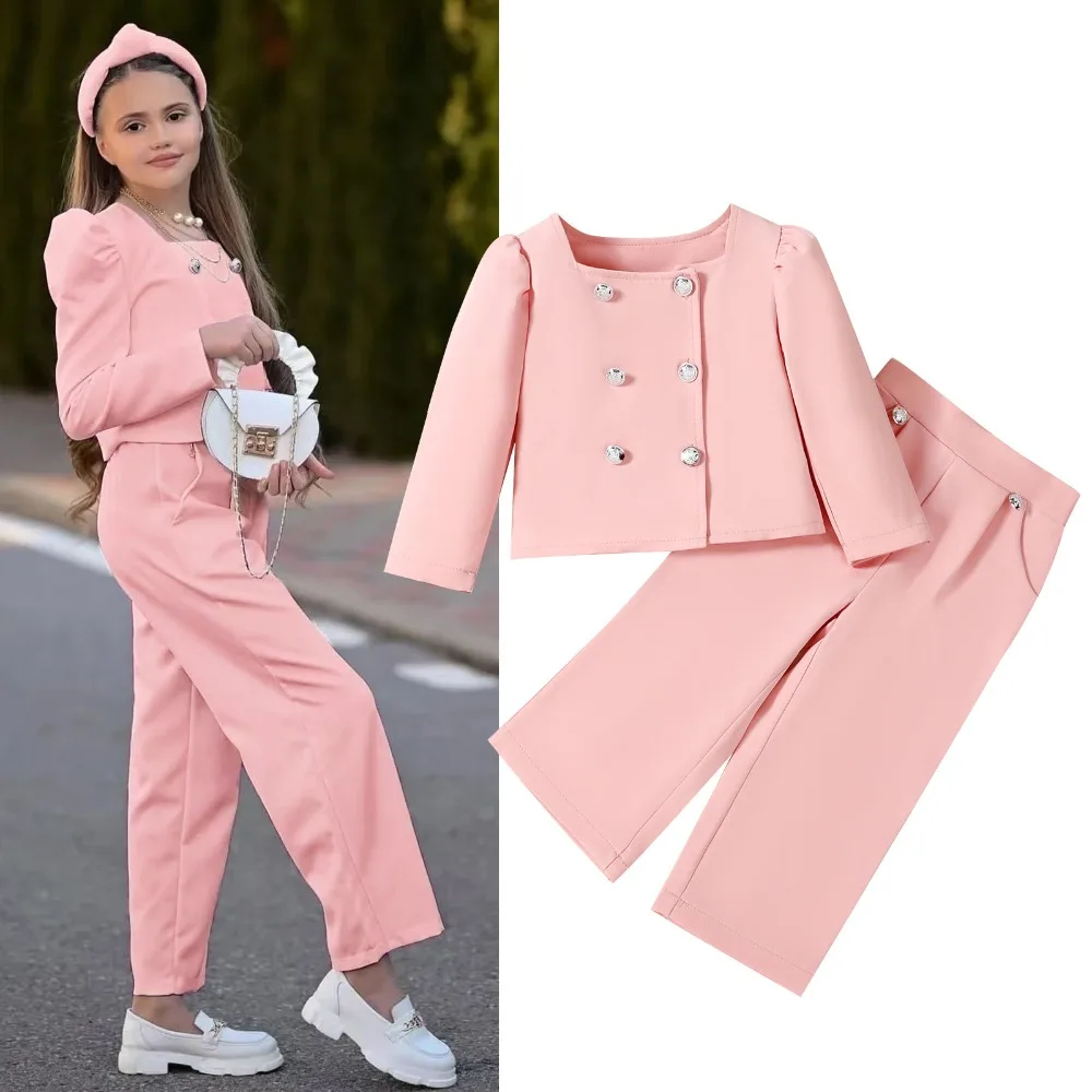 2026 Spring Girls 2Pcs Set Solid Color Square Neck Puffed Sleeve Double Breasted Blazer  Wide Leg Pants Kids Formal Outfit 3-12Y