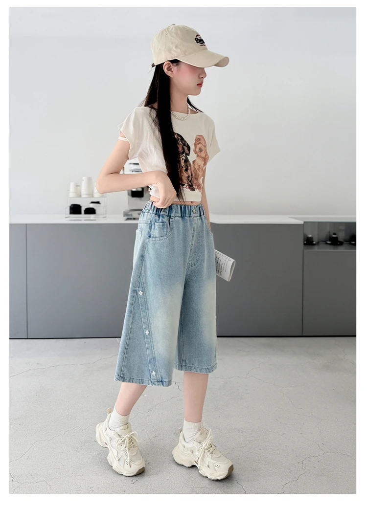 Sommerliche Mädchen-Mode-Jeans-Shorts mit Perlen für Kinder, lässige knielange Jeanshosen, elegante blaue Jeans für junge Mädchen, Sonderangebote. – Detail 6