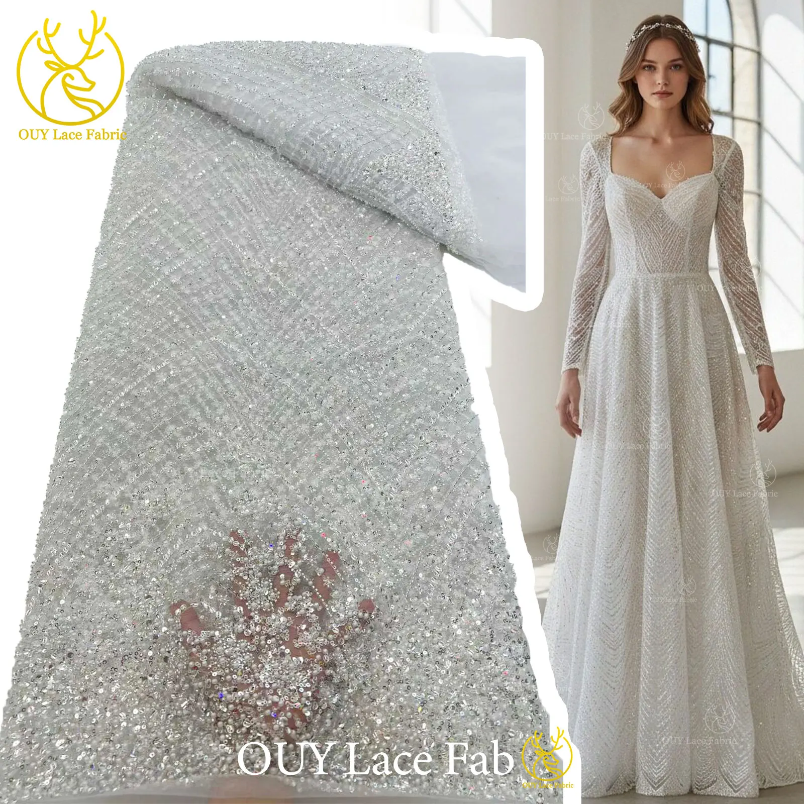 

White Bridal Wedding Lace Fabric African Groom Beaded Lace Fabric 2026 High Quality French Sequin Tulle Lace Party Dress Sewing