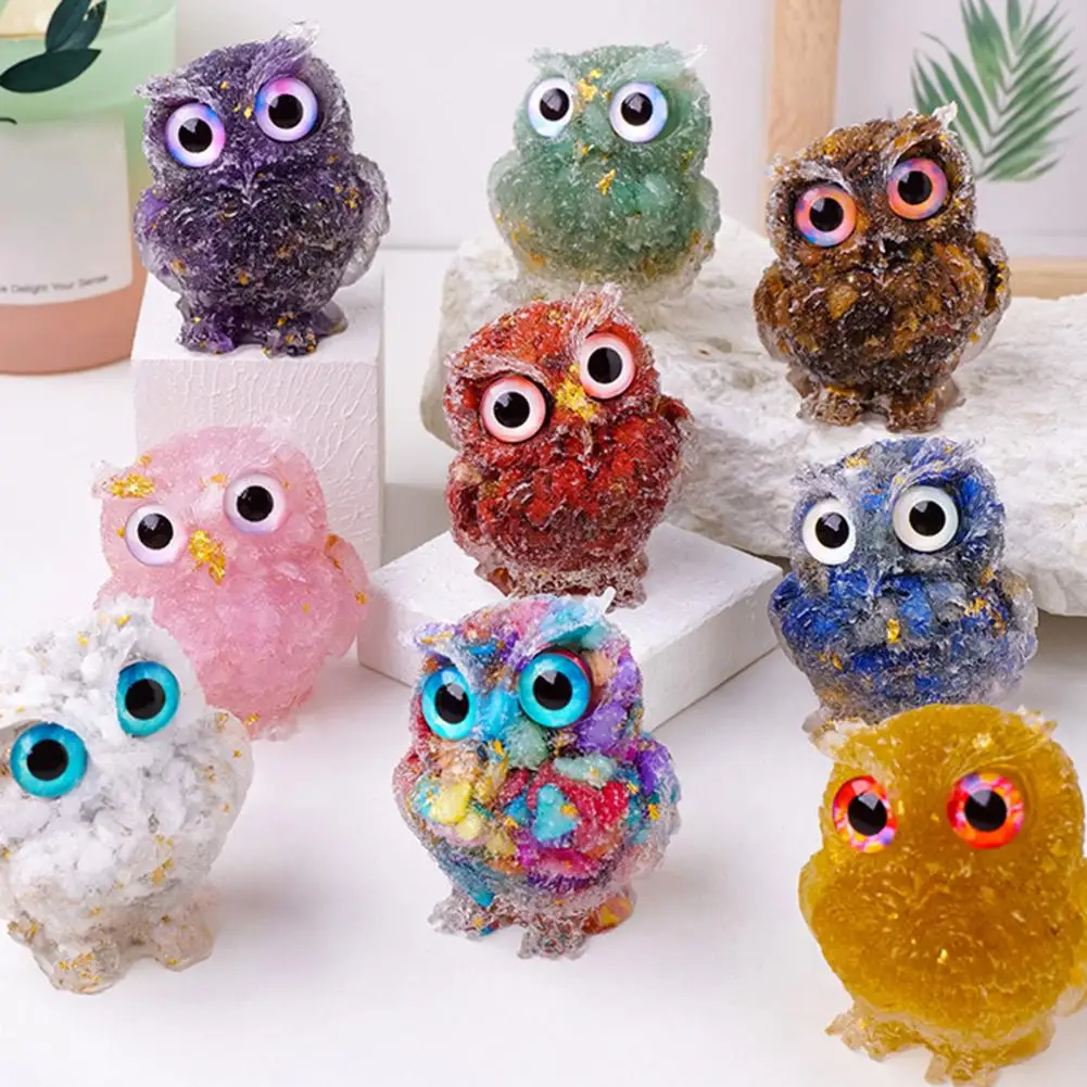 Natural Crystal Owl Figurine Handmade Owl Statue Ornament for Home Office Decor Reiki Healing Energy Balancing Resin Figurine