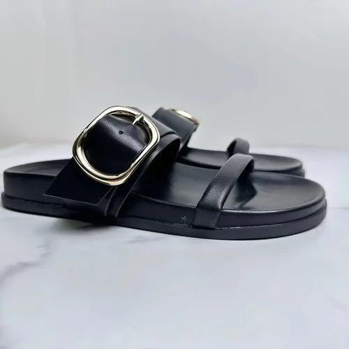 DMZA 2024 여성 신발, 블랙 앤 화이트 버클 장식, 레트로 캐주얼 플랫 바텀, 캐주얼 비치 샌들, 여성 슬리퍼, 신상 