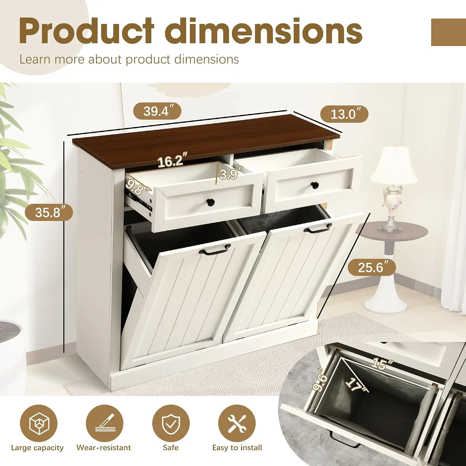Double Laundry Hamper, Tilt Out Laundry Hamper Cabinet, 22 Gallon Hidden Trash Can, Wooden Garbage Can Cabinet, Customized