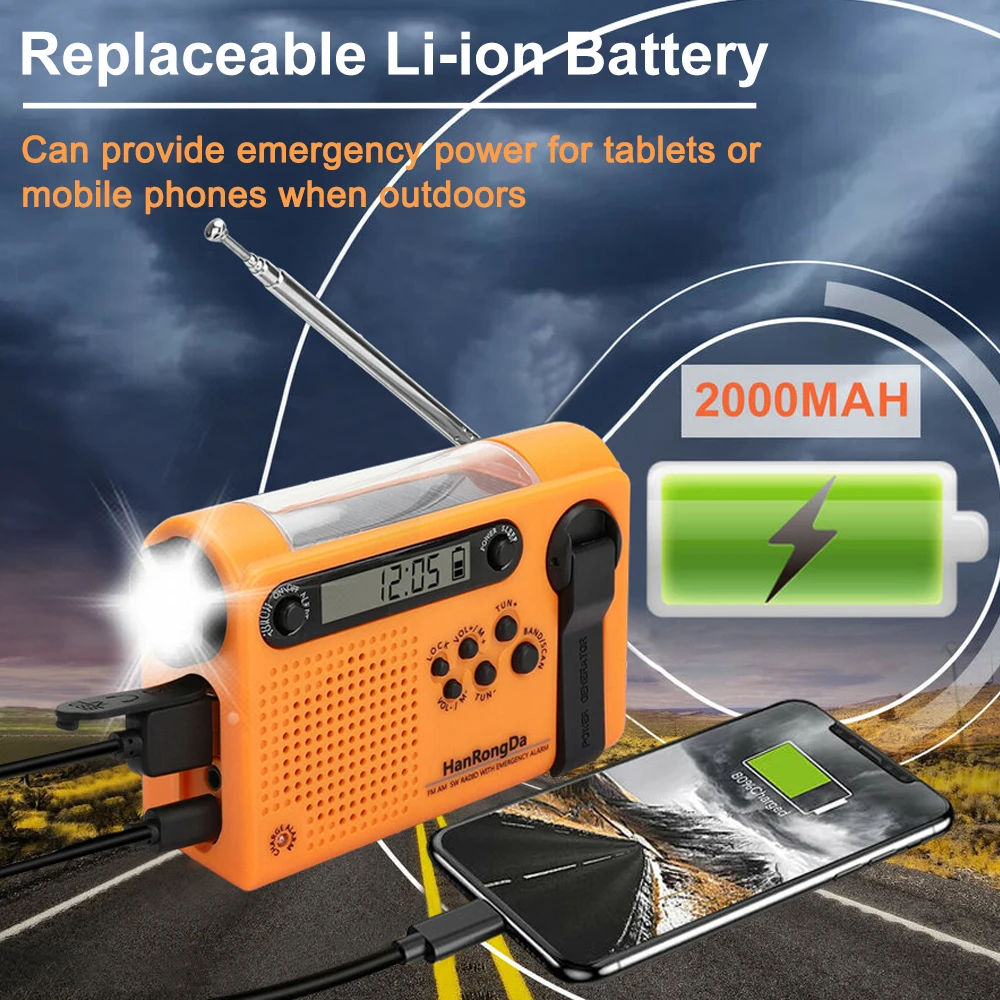 Radio solare a manovella portatile AM/FM/SW Radio di emergenza meteorologica con torcia elettrica per caricabatterie per telefono Power Bank da 2000mAh per il campeggio
