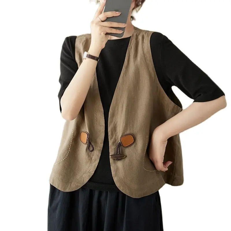 

Cow Horn Button Cotton Linen Vest Women's 2023 Summer New Loose Outerwear V-Neck Short Waistcoat Sleeveless Jacket Tops Z1234