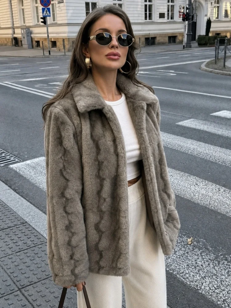 AACHOAE Women Faux Fur Jacket Winter Warm Plush Coat Wave Texture Turn Down Collar Long Sleeve Loose Elegant Casual Outerwear