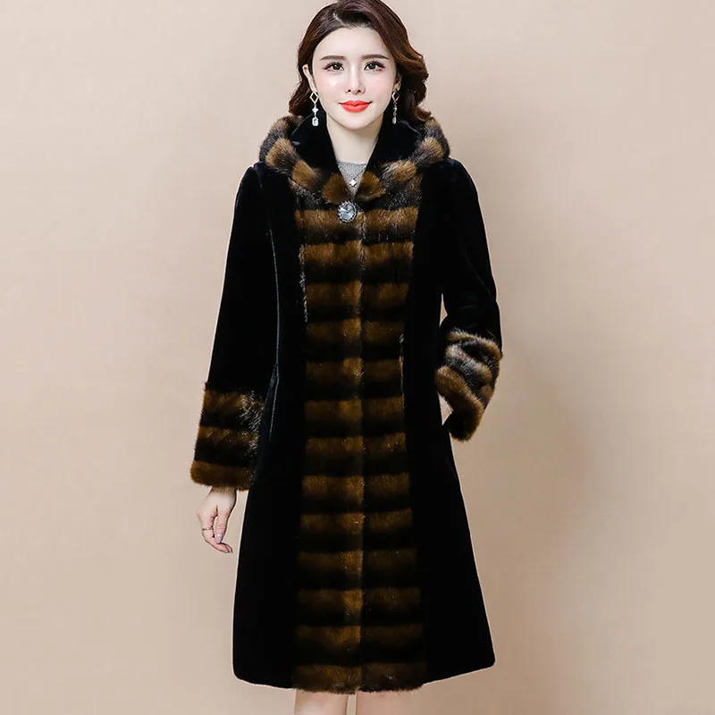 Haining Mink Coat Women's Whole Mink Long Coat Middle-aged Ind Elderly Imitation Rabbit Lapel Large Women's