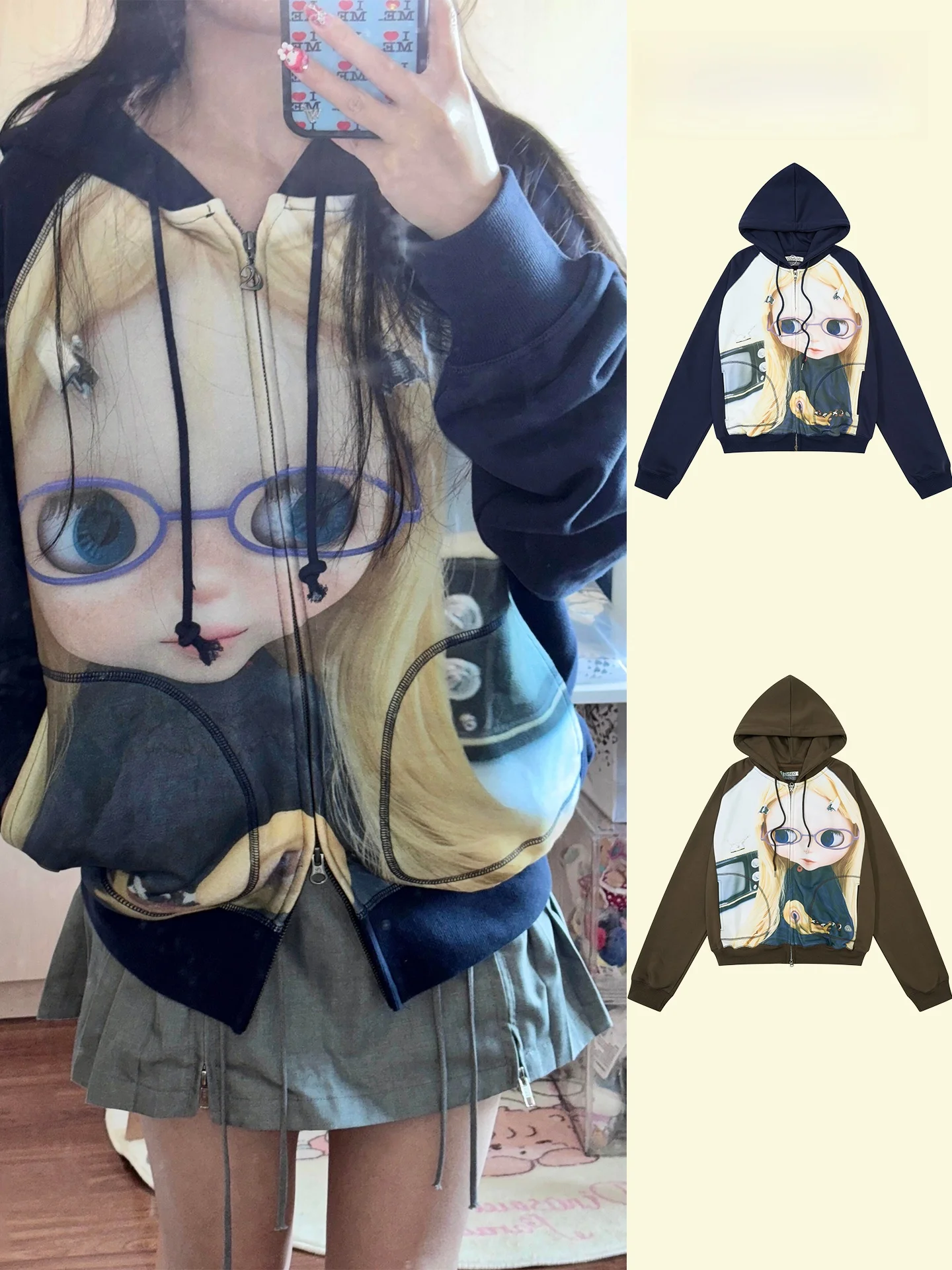 

Coyseio Blythe Collaborative Hoodie Women's Doll Print Zipper Jaet Loose Fit Long Sve Cotton Warmth Inner Liner Coat