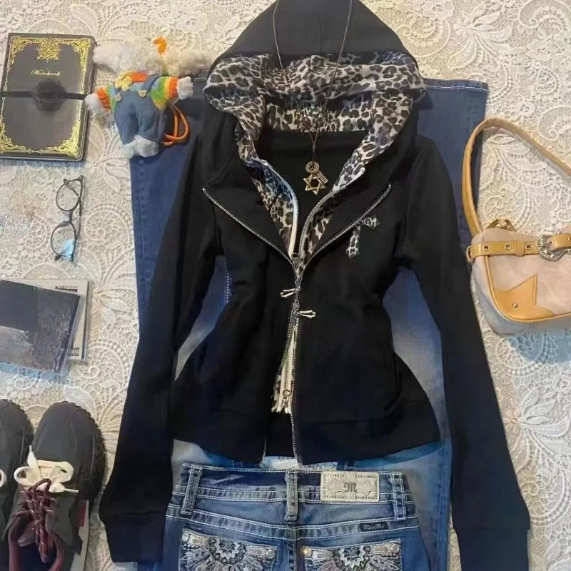Y2k Vintage Langarm Mit Kapuze Jacke Frauen Casual Amerikanischen Punk Stil Brief Drucken Mantel Streetwear Zipper Schlank 2025, Herbst