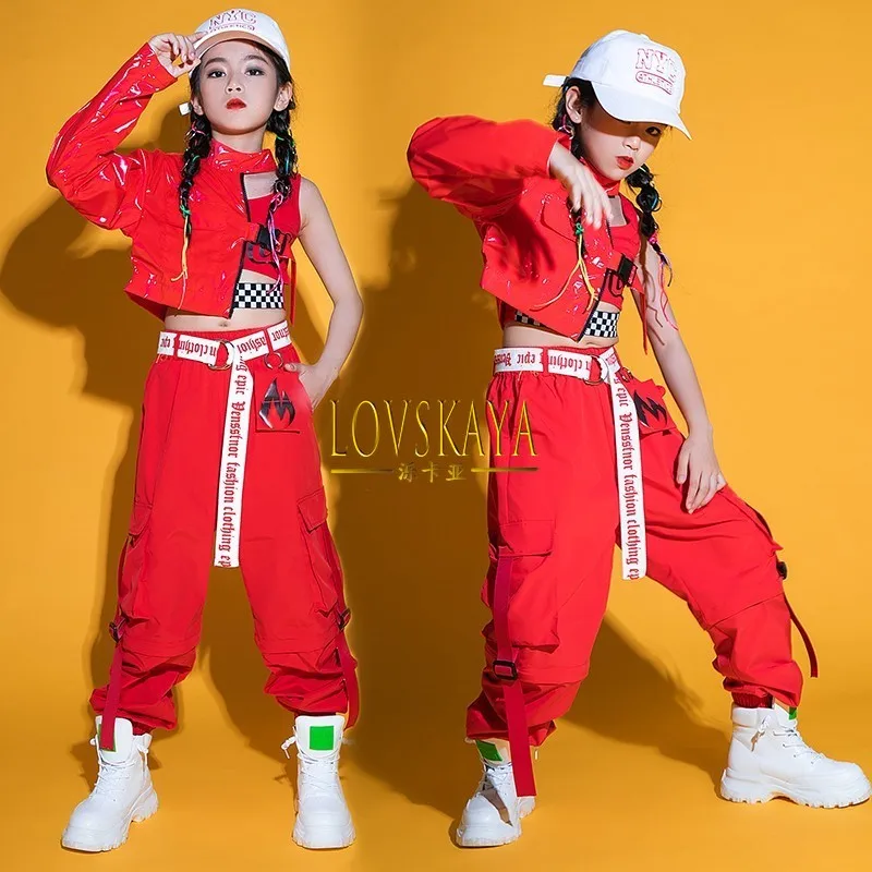 

Cool Leather Tops Overalls Pants Red Jazz Costume Girls Hip Hop Dance Clothes Stage Performance Outfit For Kids Wear