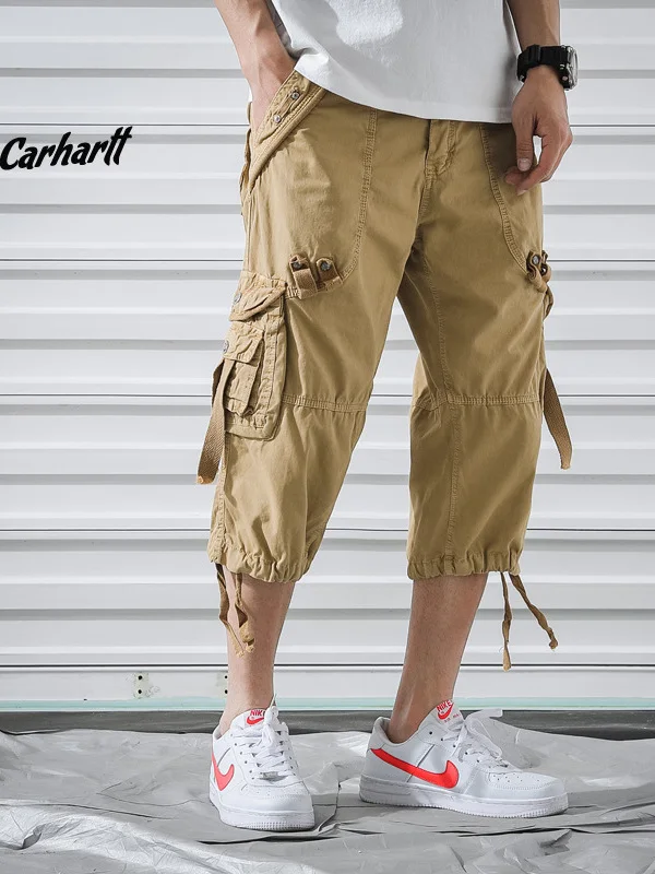 

Летняя тонкая хлопковая рабочая одежда, свободные мужские повседневные брюки с несколькими карманами, модные прямые брюки длиной до семи футов