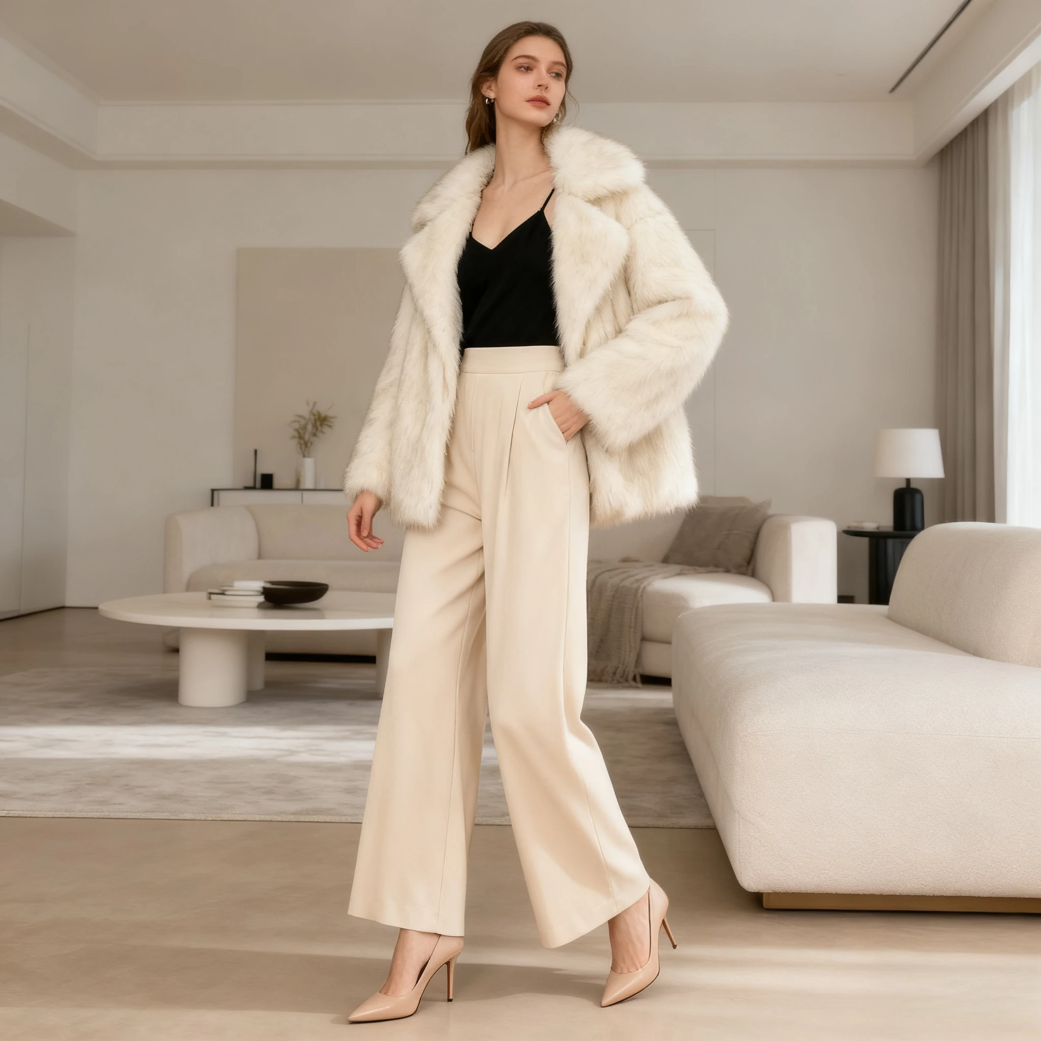 سترات من الفرو الصناعي معاطف الفرو للنساء سترة ذات طية صدر السترة وأكمام طويلة سميكة ودافئة من الفرو بغرز مفتوحة وخصر واسع وفضفاضة غير رسمية للخريف #3