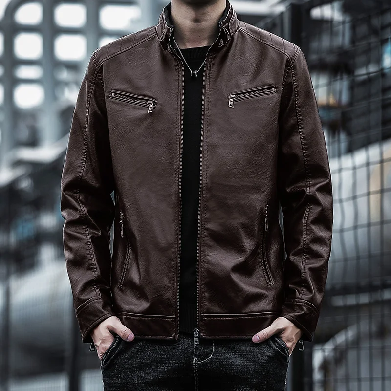 

Stand Collar Pu Leather Jacket for Men Outdoor Windproof Fashion Windbreaker Quality Classic Artificial Leather Motorcycle Coats