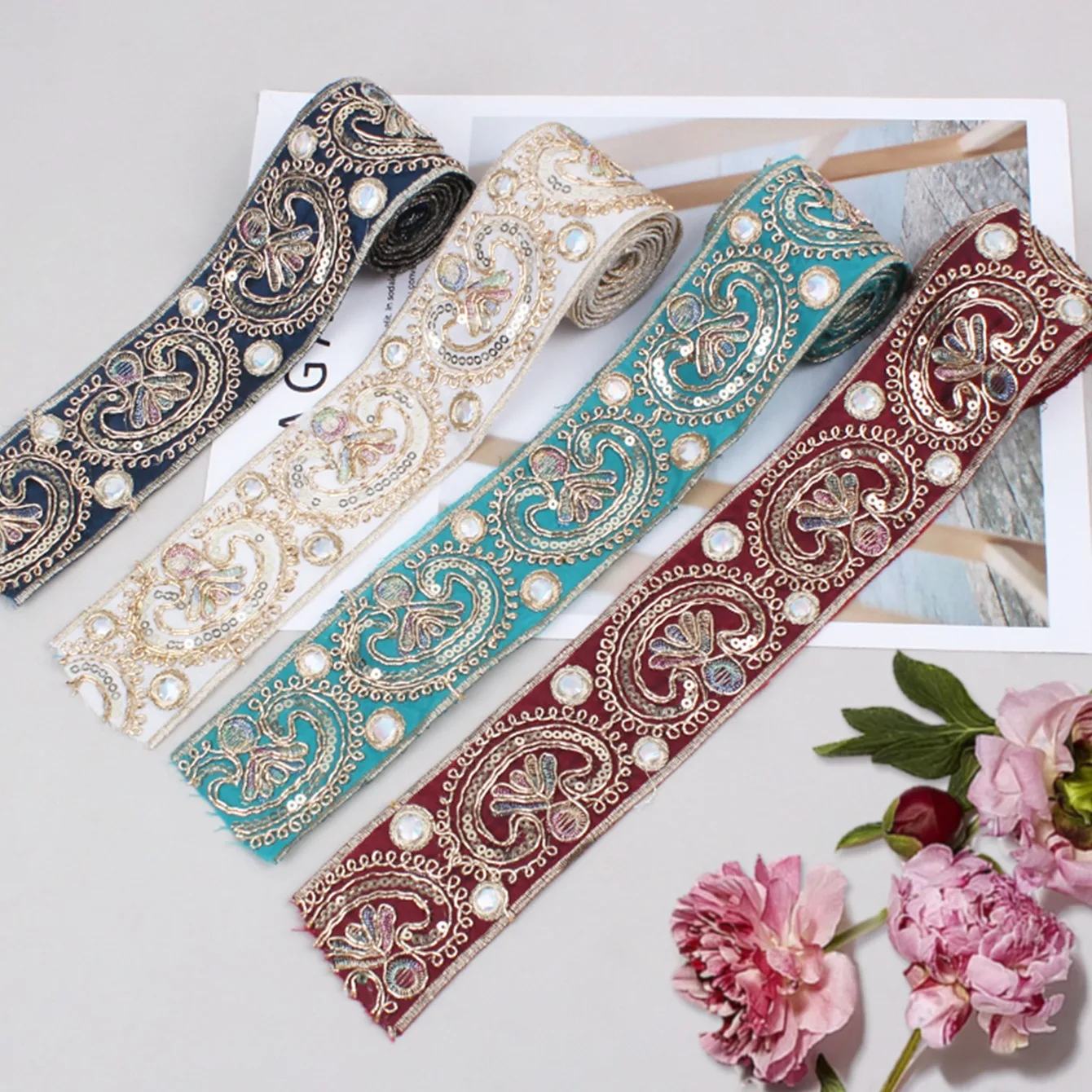 Ethnic Tapes for DIY Sewing, Sequin Ribbon, Clothing Accessories, 1 Yards