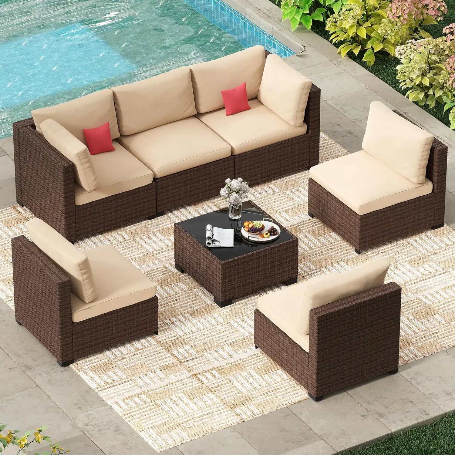 

7 Piece Hand-Woven Wicker Outdoor Sectional Sofa Set Beige Cushion Backyard Garden Patio, Customized