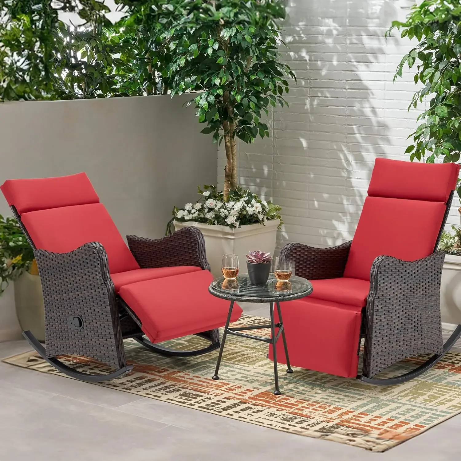 GYUTEI Outdoor Recliner Chairs Set of 2, Rocking Chair with Soft Removable Cushion, Lounge Chair with Footrest, Wine Red