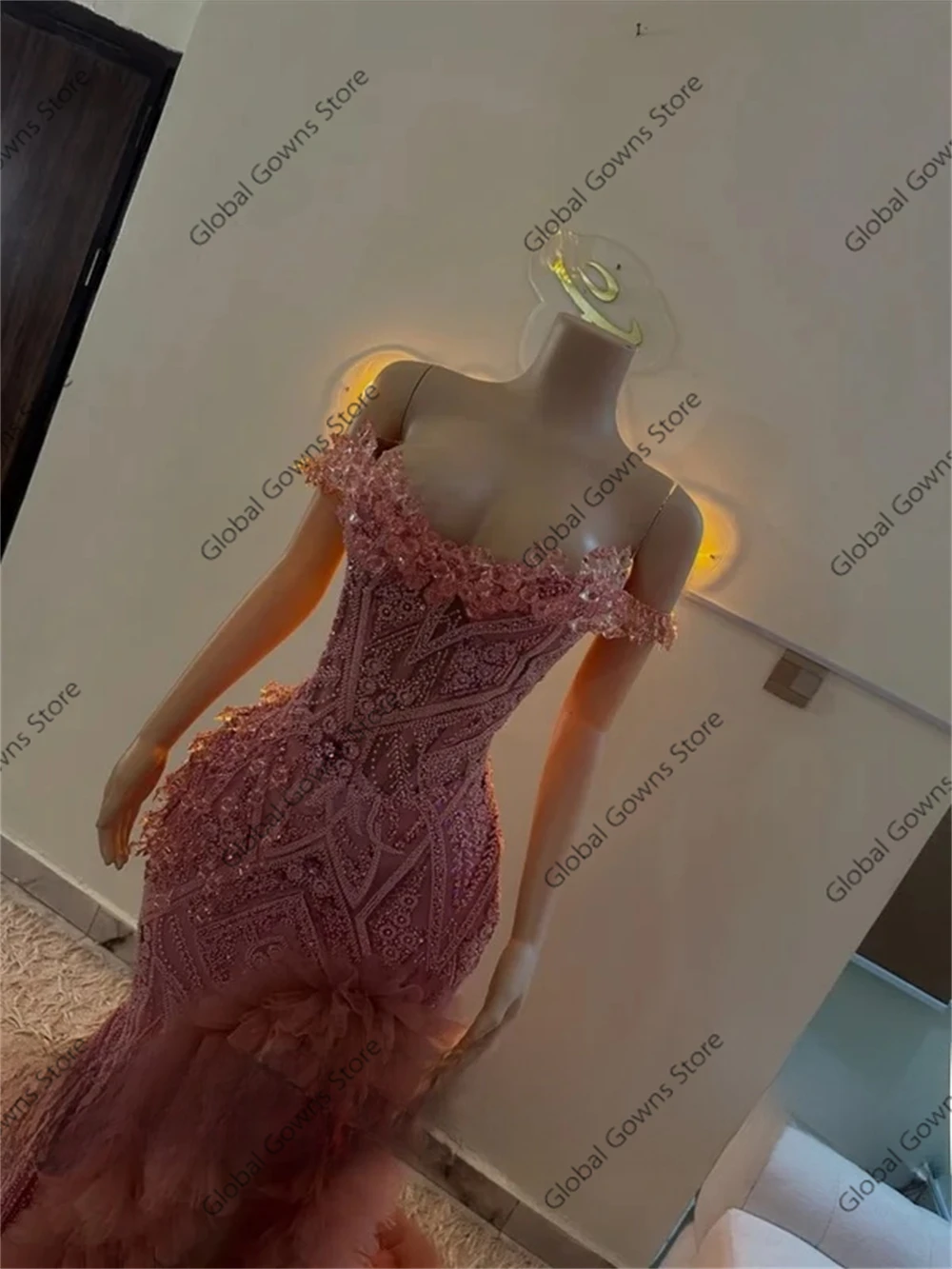 Amazing Pink Off The Shoulder Prom Dress Diamonds Gems Ruffles Tulle Mermaid Evening Gowns Formal Party Dress Customized