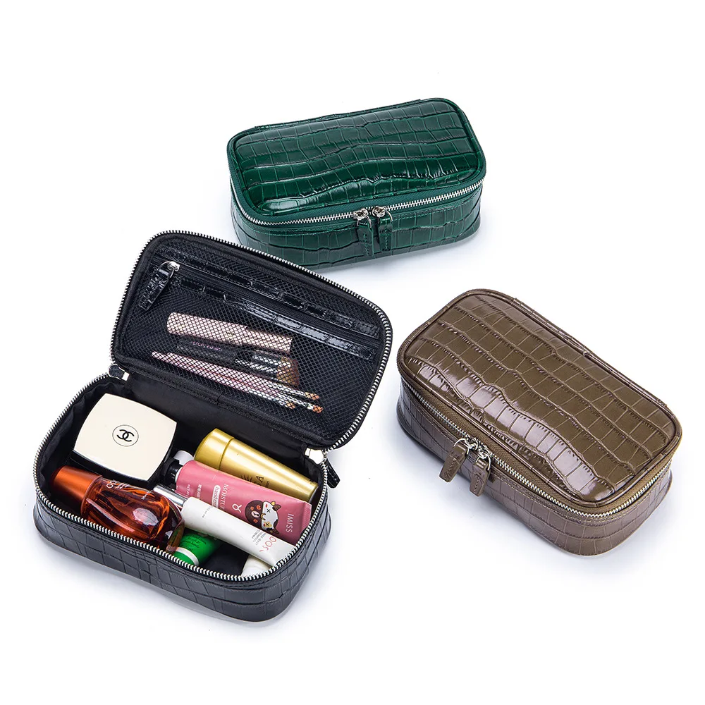Lady Bag Crocodile-pattern Genuine Leather Makeup Bag Large-capacity Travel Portable Handbag Business Trip Toiletry Storage Bag