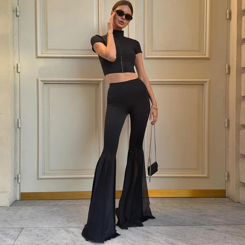 

Women Fashion 2 Piece Set Stand Collar Short Sleeve Hollow Single Breasted Crop Tops + Mesh Patchwork Flare Pants Casual Suits