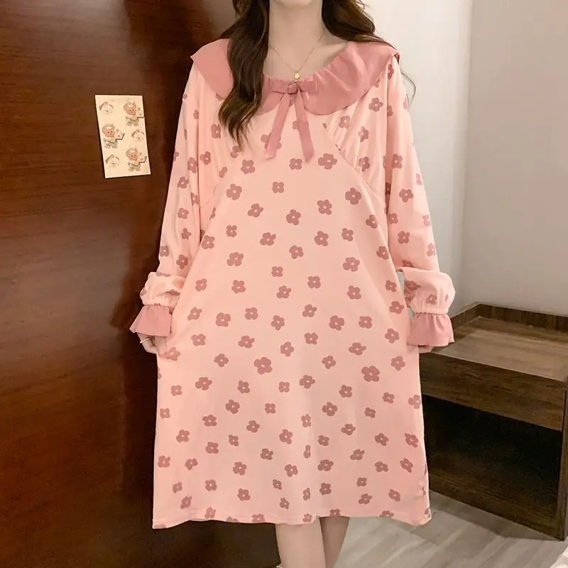 

M-5XL Plus Size Women Autumn Nightdress Korean Doll Collar Loose Pajamas Dress Velvet Long-Sleeve Sleepwear Lounge Outdoor Wear