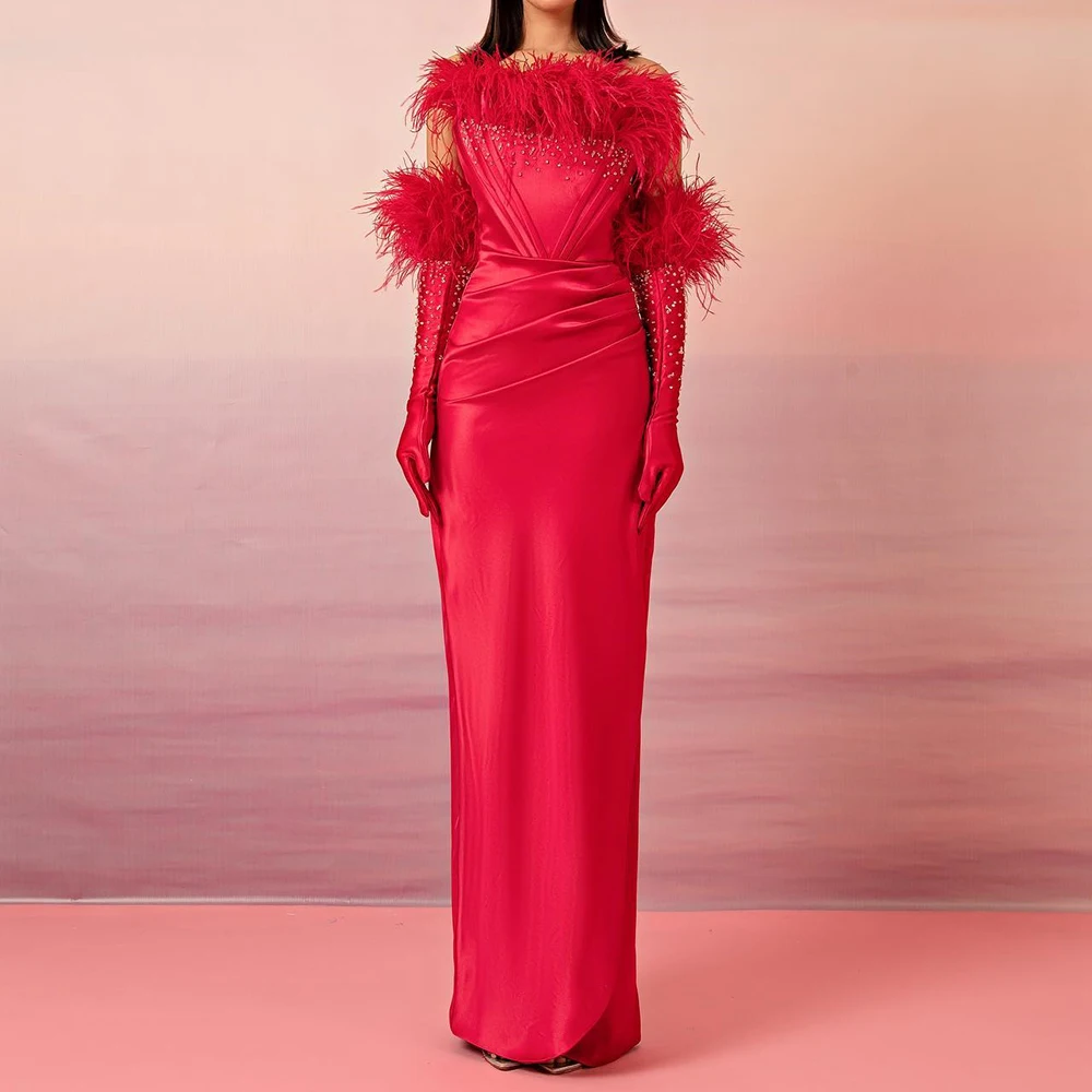 

Customized Satin Straight Detachable Sleeve Feathers and Crystal Evening Dress Strapless Zipper Back Back Slit Sweep T