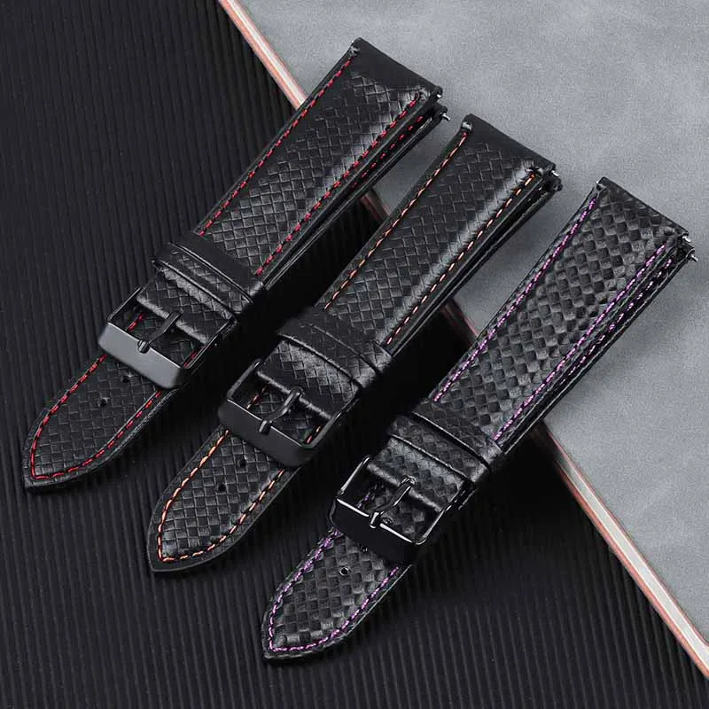 Carbon Fiber Pattern Leather Watch Strap for Samsung Gear S3 S2 Classic Galaxy Active Watch Band 20mm 22mm Quick Release Strap