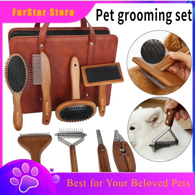 FurStar8-piece Set Pet Dog Cat Grooming Products Knotting Comb Straight Comb Nail Clipper File Hair Removal Comb Cleaning Beauty