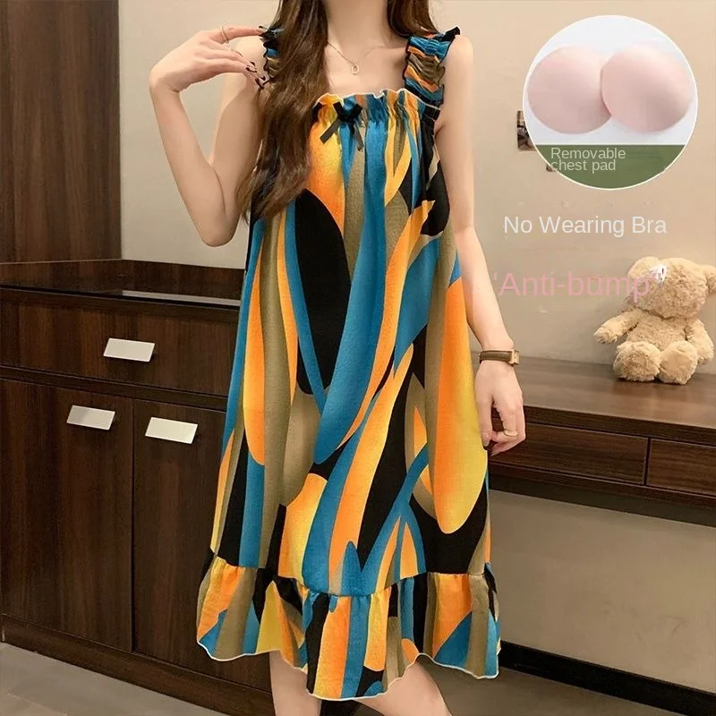 Slip Nightdress Female Summertime Bra Pad Mid-length Style Online Celebrity Thin Sweet Loungewear Can Be Worn Outside Comfort