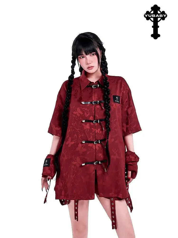 

New Chinese Style Loose And Comfortable Shirt T-shirt Breathable Punk Belt Buckle Butterfly Jacquard Carnival Halloween Cosplay
