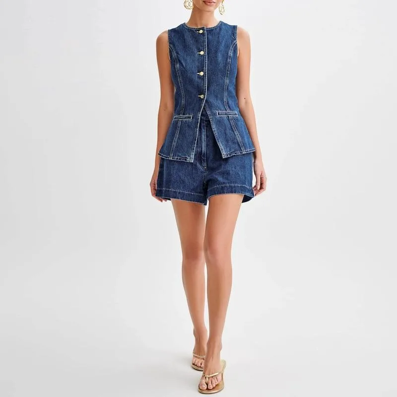 Women's Denim Long Vest Tops Button-Up Back Slit Sleeveless Summer Fashion Set Casual Work Uniforms Female Clothing