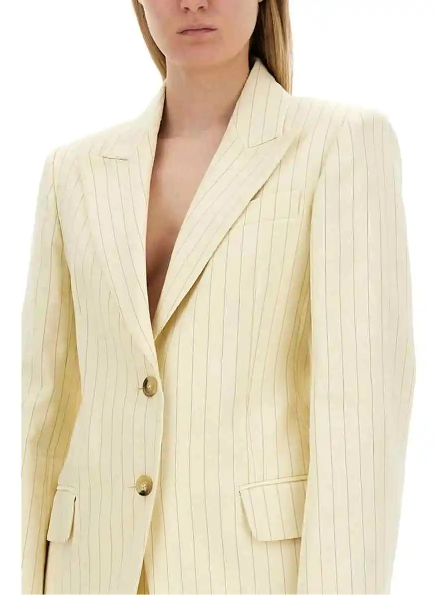 여성 정장 2피스 맞춤 제작 피크드 라펠 투버튼 스트라이프 팬츠 자켓 클래식 슬림핏 여성 직장복 의상