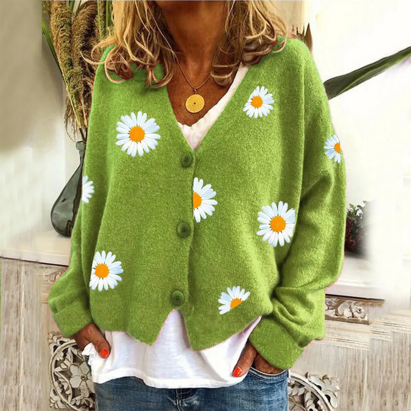 Women Cardigan Daisy Flowers Embroidery Knitted Sweater Autumn Long Sleeve Knitwear Black Gray Orange Green Yellow Cardigan