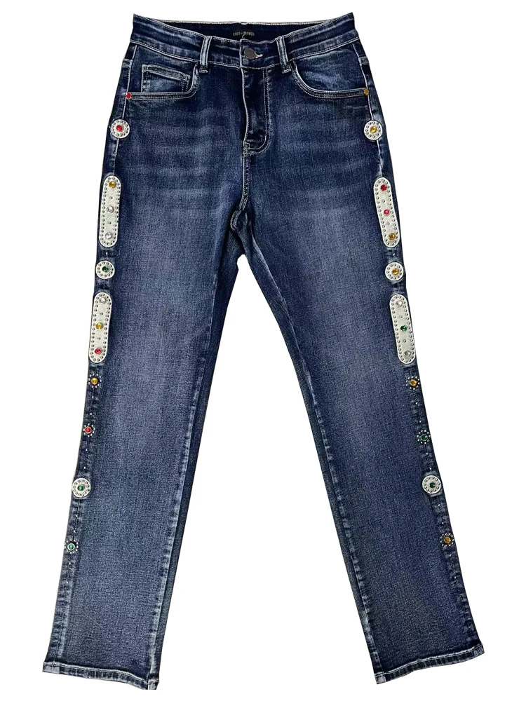 

Women Diamond-studded Straight Pants Vintage Denim Retro Trousers High Waist Vaqueros Stretch Pantalones Fashionable slim legs J