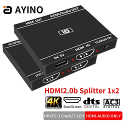 HDMI2.0b 1x2 Splitter 4K@60HZ UHD 1 In 2 Out  HDMI-compatible Only Audio Extractor HDCP Crack 7.1CH Dolby Atmos for PS TV Box